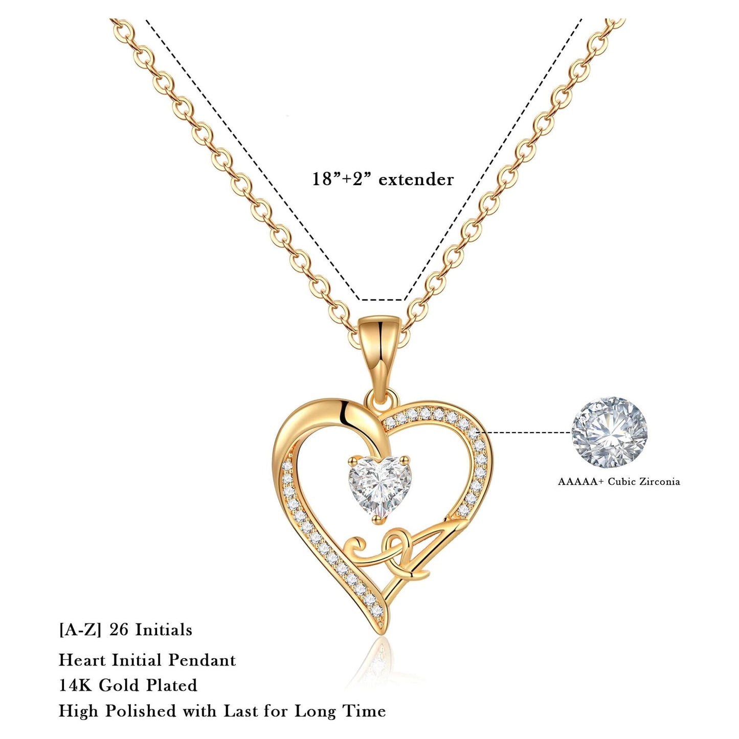 The Aloura Initial Heart Pendant Necklace - 14K Gold Plated, Cubic Zirconia, Heart Pendant Necklace with customizable Initial