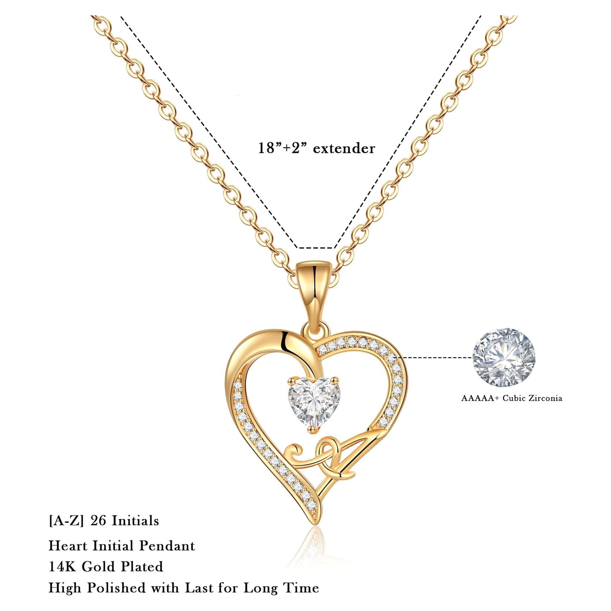 The Aloura Initial Heart Pendant Necklace - 14K Gold Plated, Cubic Zirconia, Heart Pendant Necklace with customizable Initial